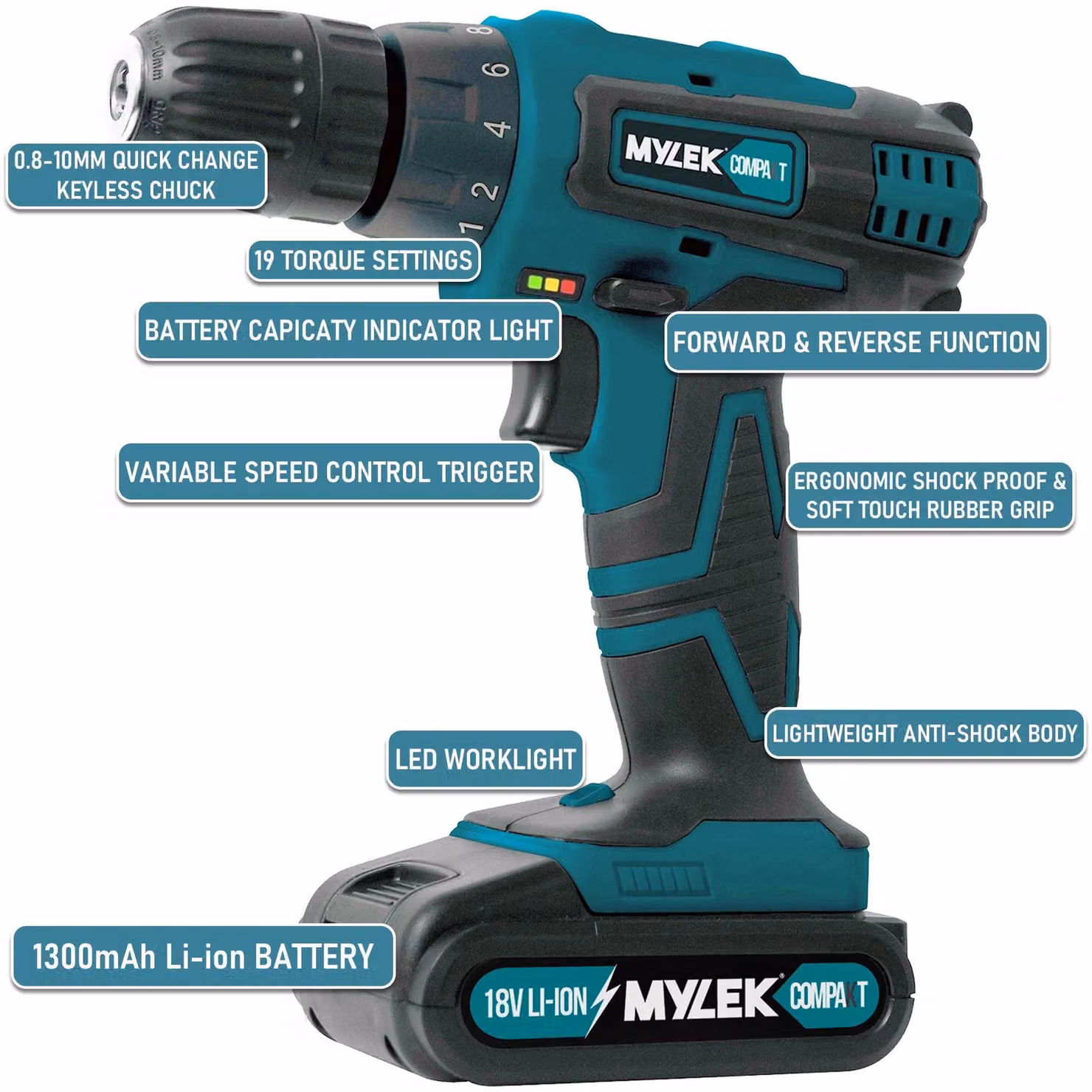 MYLEK 18V Cordless Drill and Screwdriver Set in Blue/Black with 50 Piece 4ORCE Accessory Kit and LED Worklight – 2