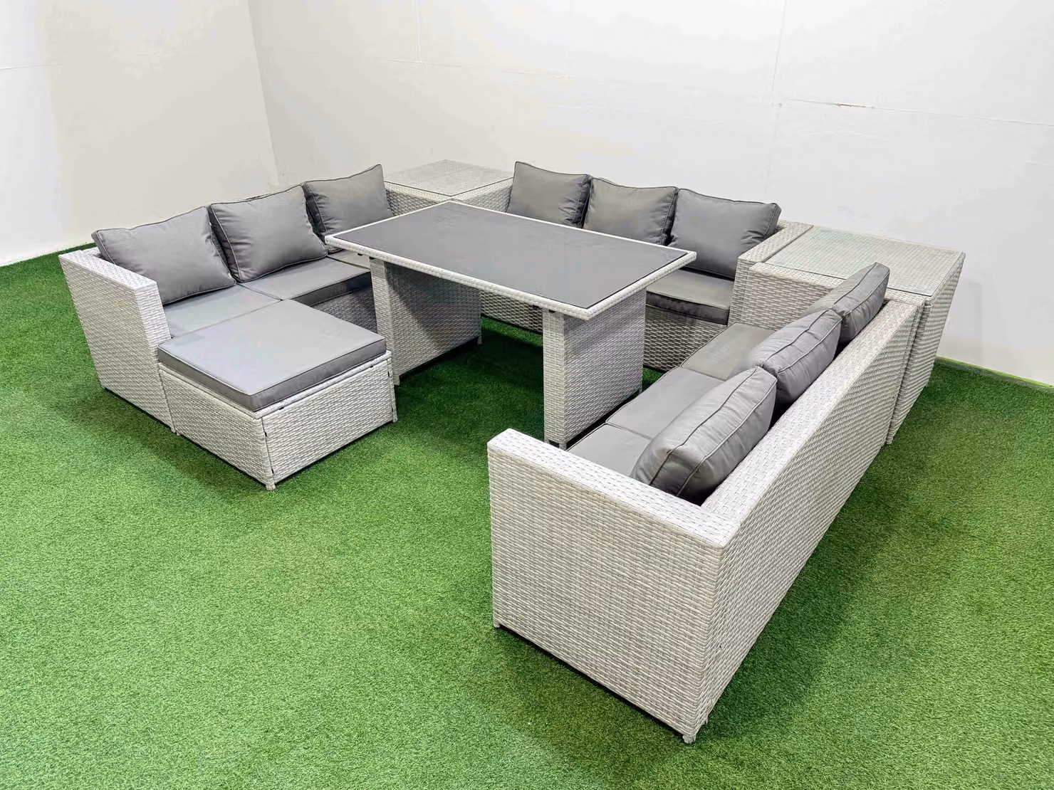 Fimous Patio Modern U-Shape Garden Furniture Set in Light Grey with 3-Seater Sofa, Ottoman and 2 Side Tables