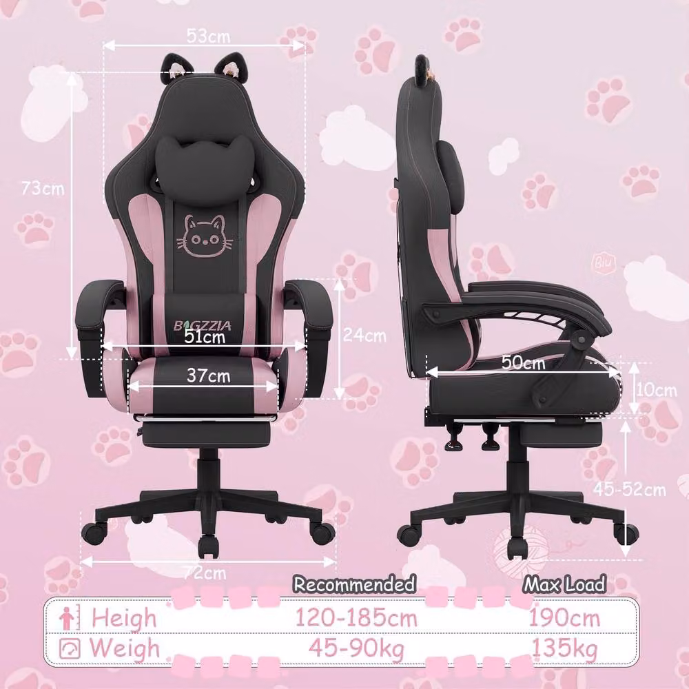 Gartistgo Gaming Chair with Cat Ears, Massage Lumbar Support and Footrest in Black Faux Leather – 2