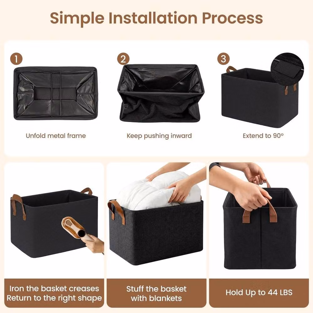 Kelvenix Black Fabric Storage Bins with Handles, W/D/H: 29.0 x 43.0 x 20.0 cm – 3