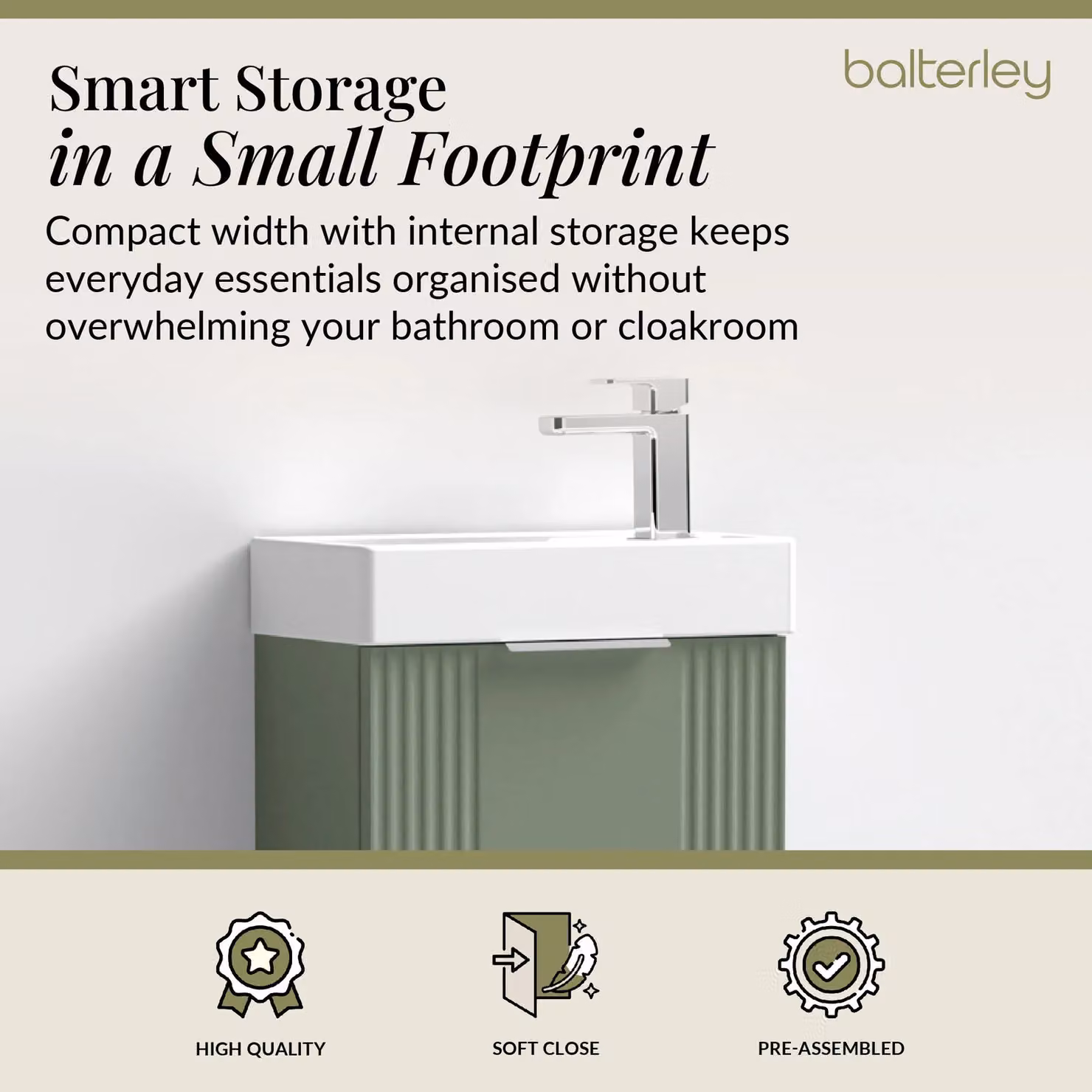 Balterley Retro Wall Mounted Bathroom Vanity Basin Unit in Satin Green, W: 40 cm, D: 43.8 cm, H: 40 cm – 2