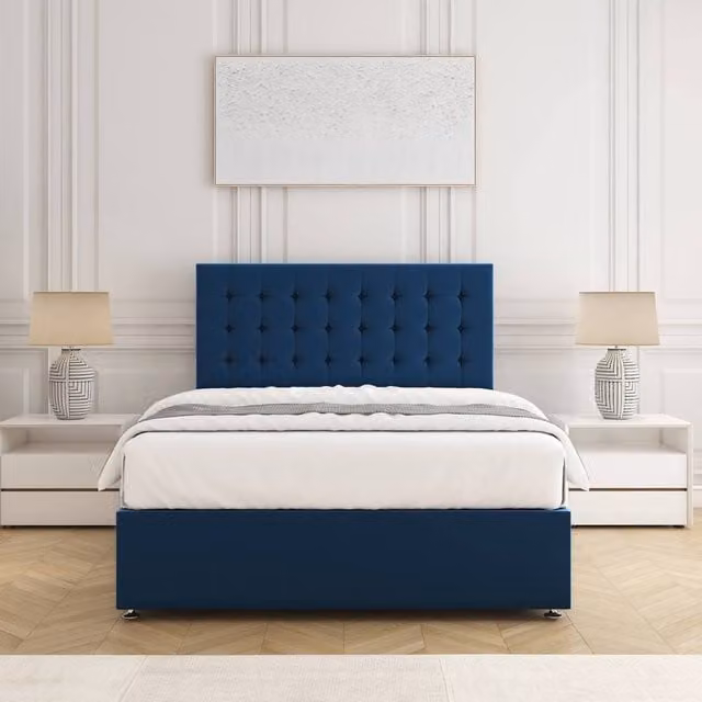 BSSPOKE Maria Blue Velvet Plush Divan Bed Set with 24 inch Headboard and Mattress, W/D/H: 90 x 190 cm