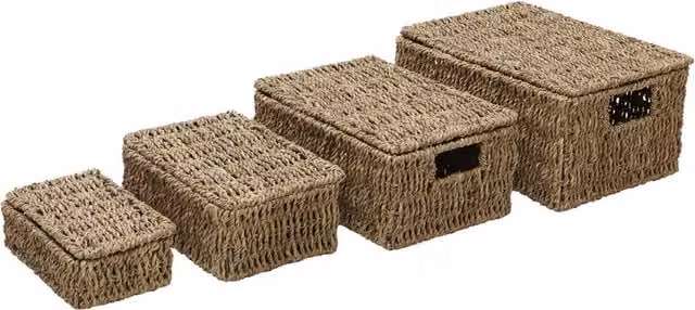 JVL Seagrass Set of 4 Rectangular Lidded Storage Baskets, Brown