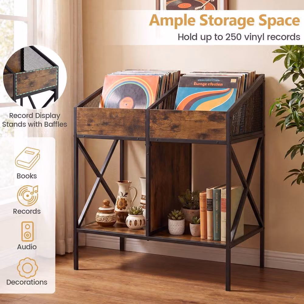 Gymax 2-Tier 4-Grid Vinyl Record Storage Rack and Display Shelf in Brown – 6