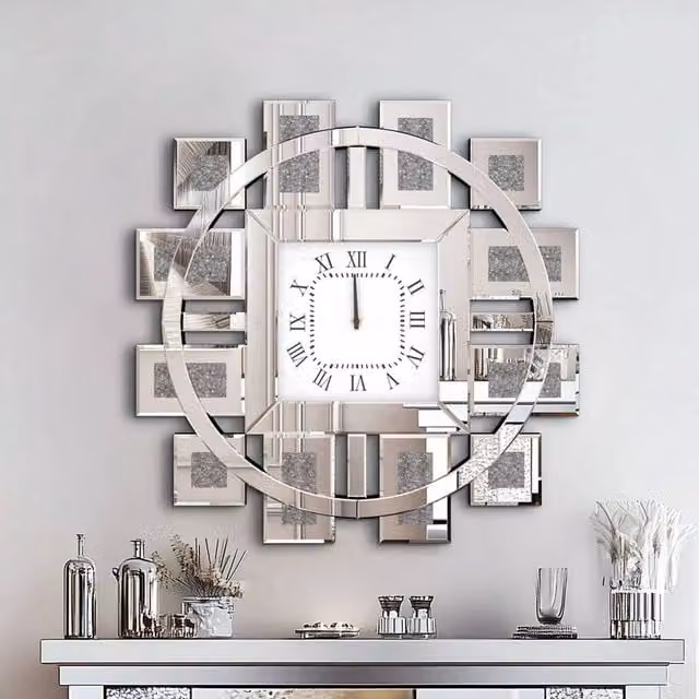 SPETLEK Crystal Crush Diamond Mirrored Wall Clock in Silver, W/D/H: 80 x 80 x 80 cm – 1