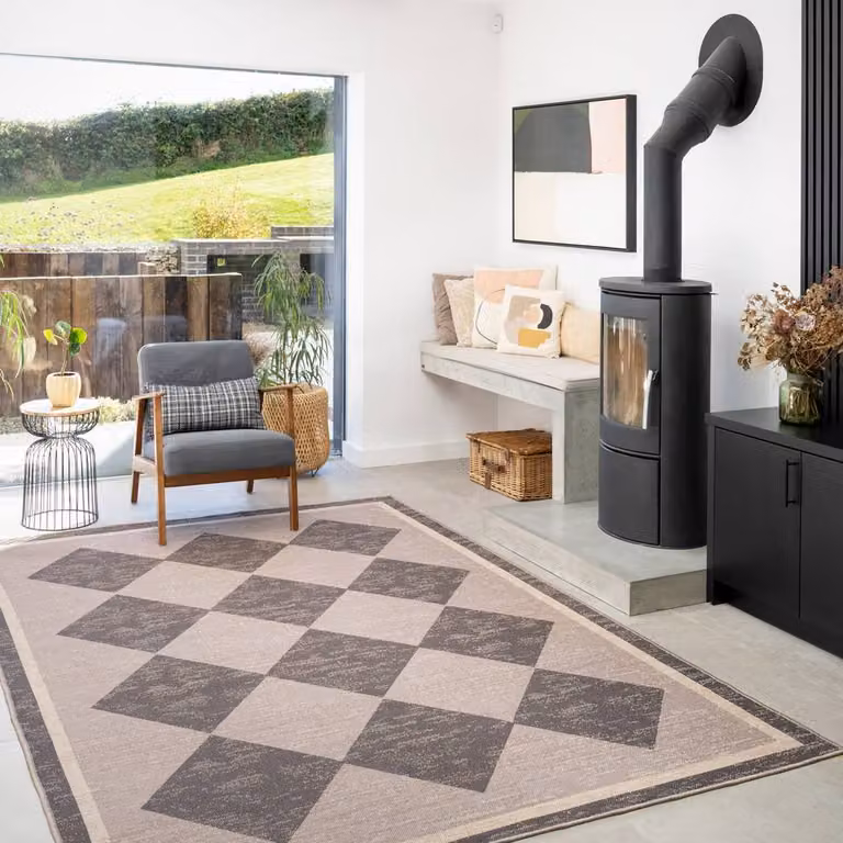 Kukoon Machine Washable Jute and Cotton Checkerboard Area Rug in Beige, W: 280 cm, D: 380 cm