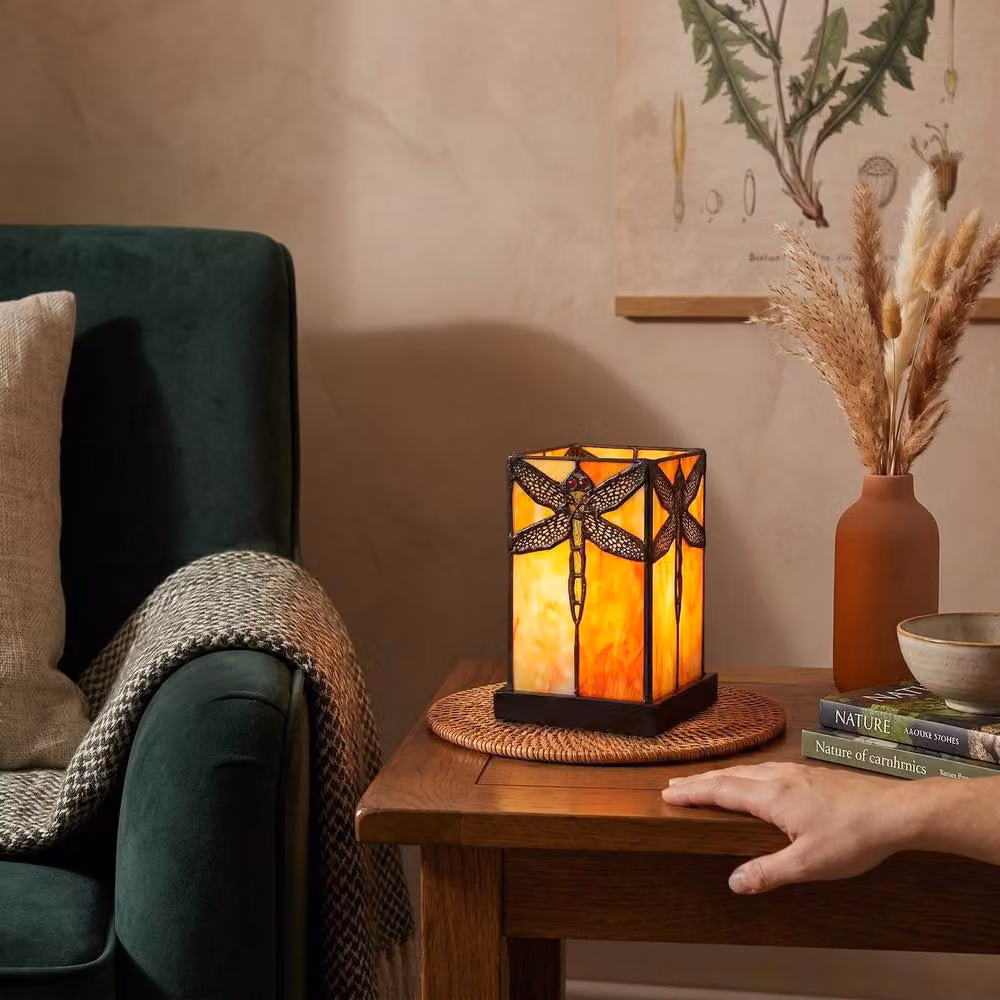 Happy Homewares Orange and Amber Tiffany Stained Glass Tabletop Lamp with Dragonfly Decor – 3