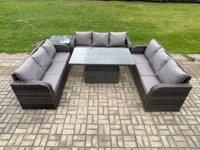 Fimous Dark Grey Rattan Patio Garden Dining Set with Height Adjustable Rising Table and Side Table