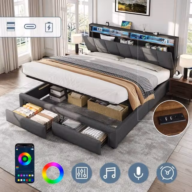 Matteo King Upholstered Bed Frame with Storage, LED Lighting and USB Charging Port, Grey Fabric, W: 180 cm x D: 200 cm – 1