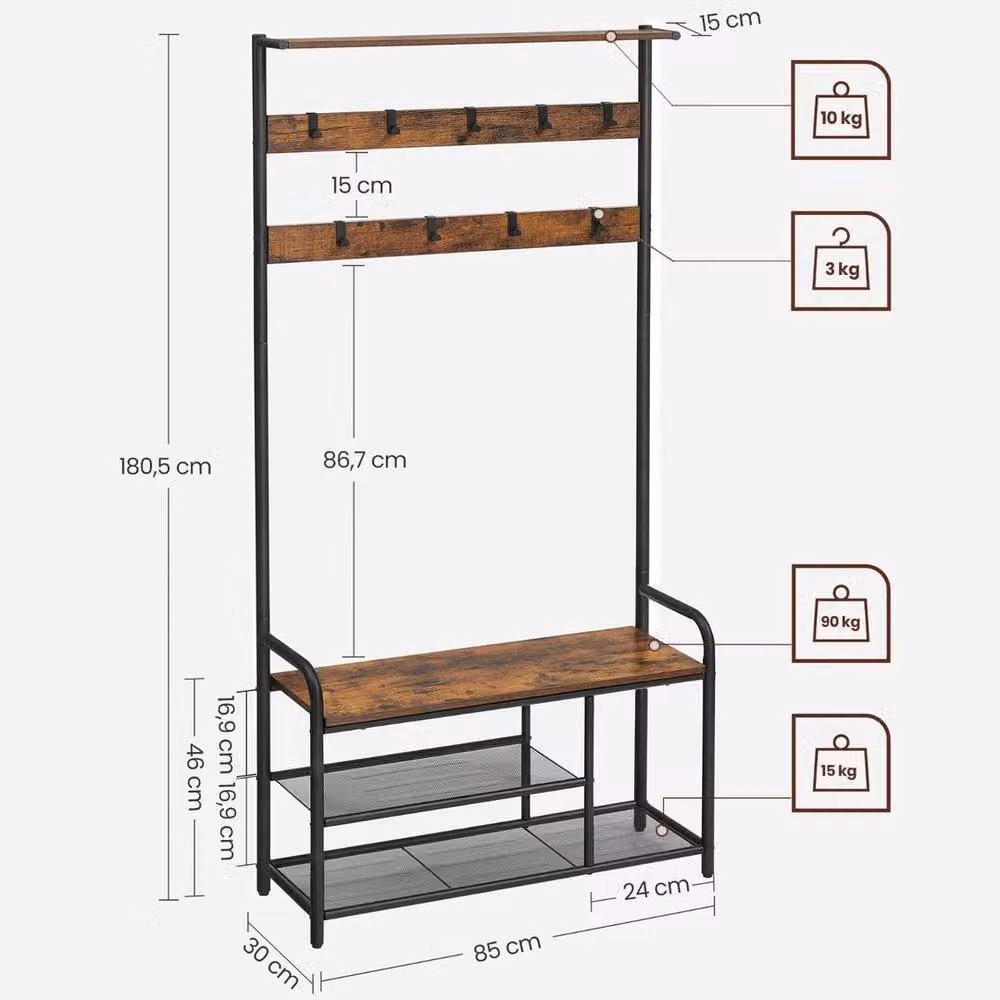 KORVIXA Industrial Hall Tree with Bench and Shoe Storage in Brown – 2