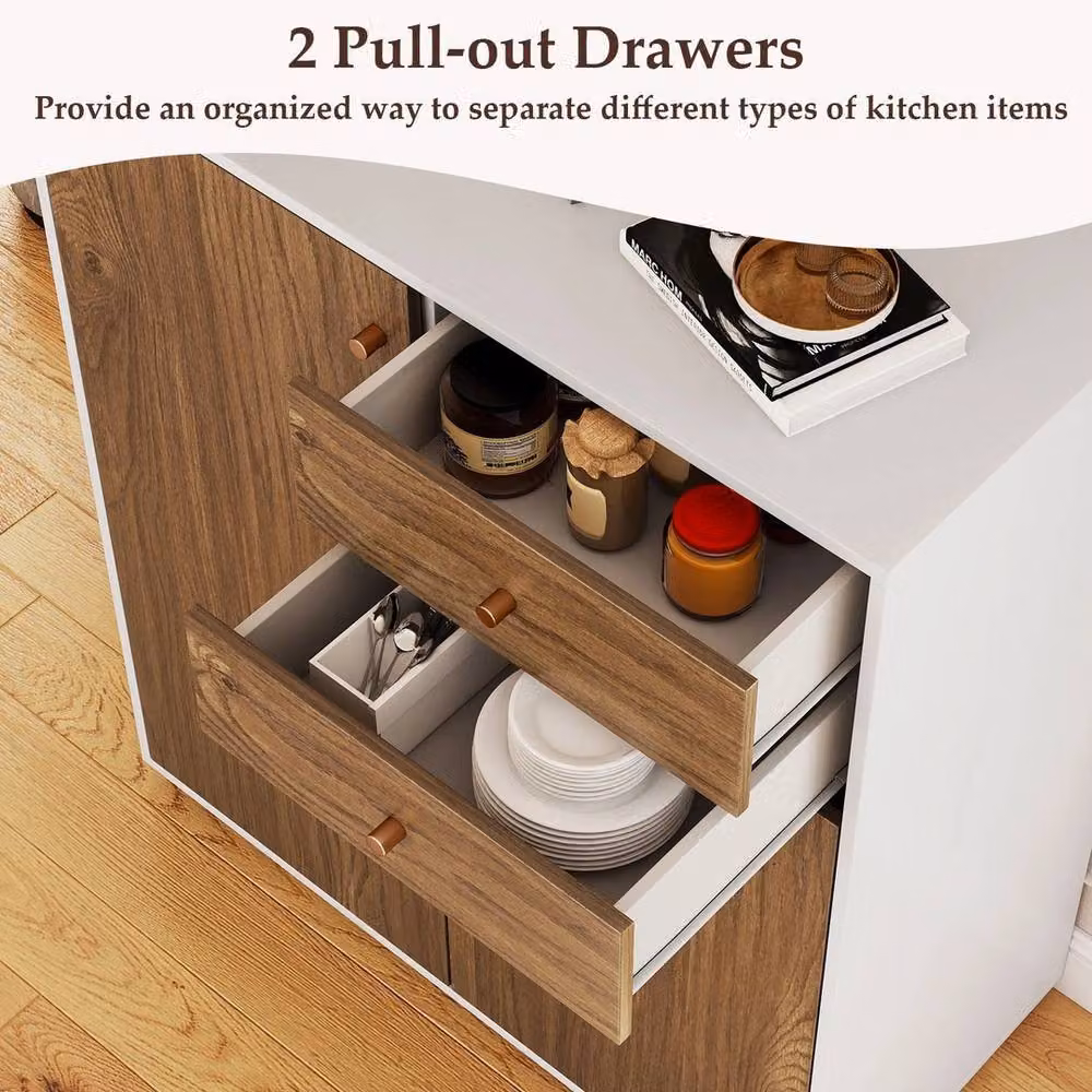 VOGREX Natural Kitchen Sideboard Buffet Cabinet with Adjustable Shelves in Brown and White – 4