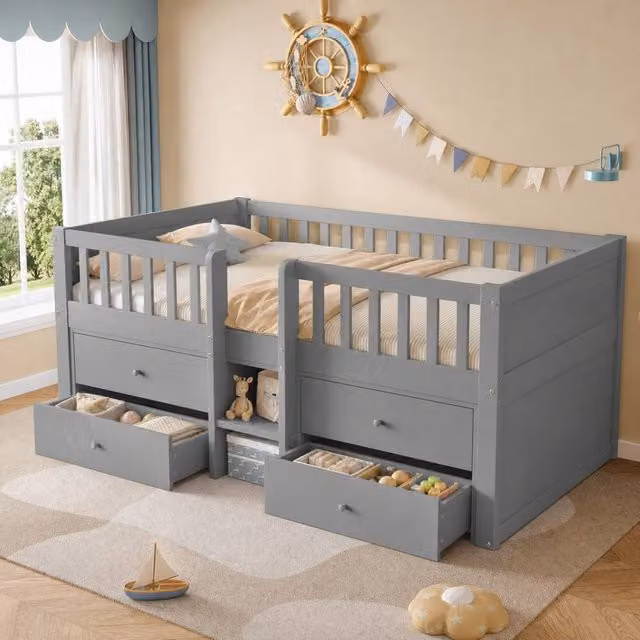 STILVORA Junior Single Bed Frame with Drawers, Grey, W/D/H: 90 x 190 cm – 1