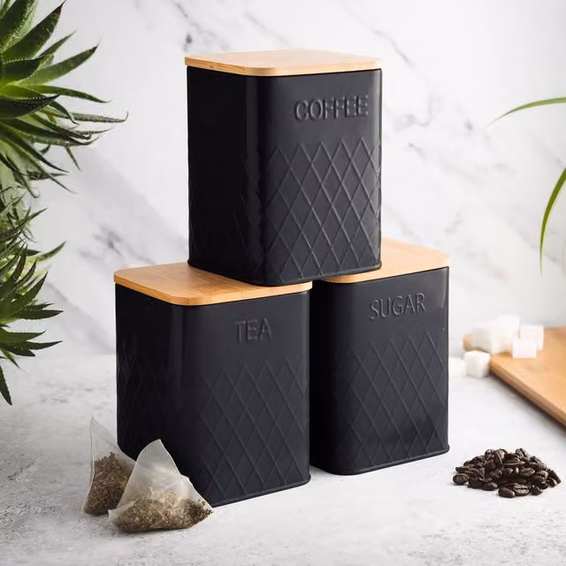 Cooks Professional 3 Piece Square Ceramic Kitchen Storage Set in Black