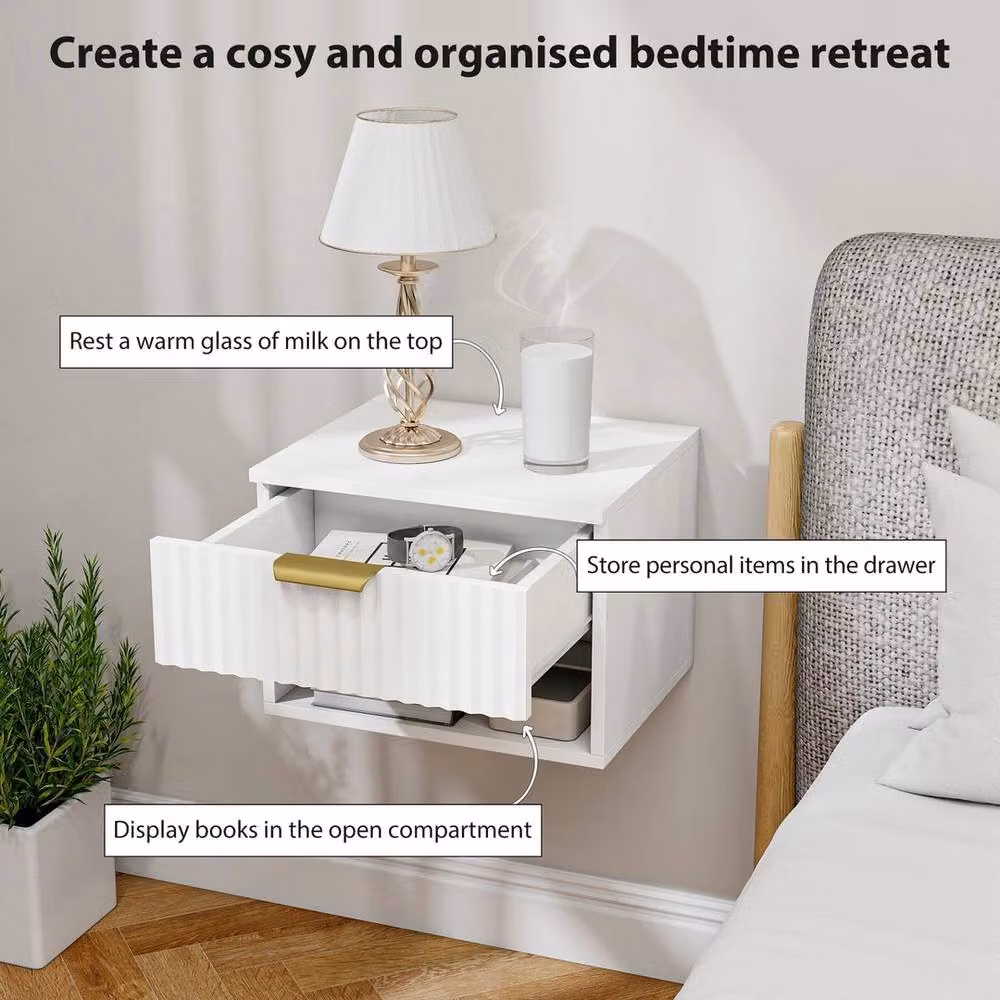 NESTLUNE Set of 2 White Wall Mounted Floating Nightstands – 2