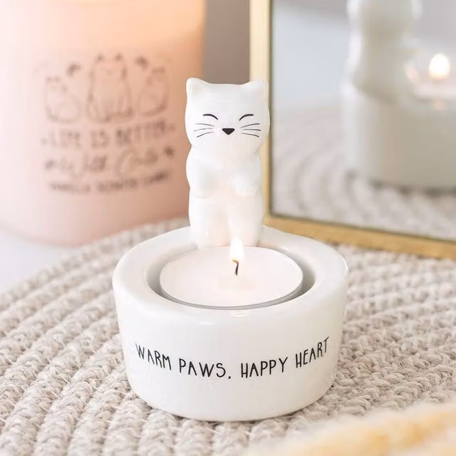 Uniqueful Warm Paws, Happy Heart Ceramic Tealight Holder in White