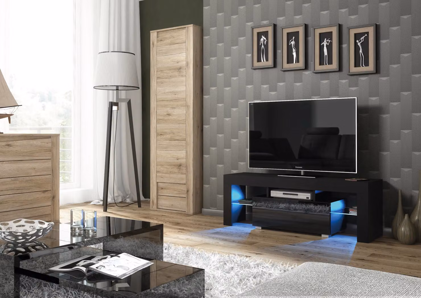 Mex Furniture LTD Modern Glossy Black TV Unit with LED Lighting, W: 130 cm, D: 35 cm, H: 45 cm – 3