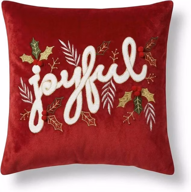 Luxury Living Red Velvet Joyful Christmas Embroidered Cushion with Hollow Fibre Pad, W/D/H: 45 x 45 x 45 cm – 1