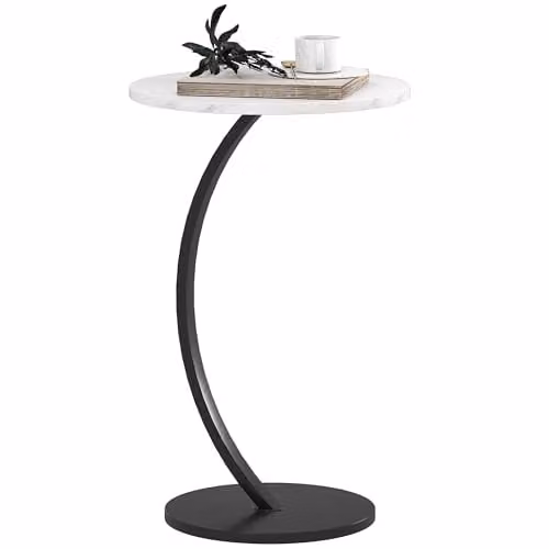 HOMCOM C Shaped Round Side Table with White Marble Effect Top and Metal Frame, W/D/H: 40 x 40 x 61.5 cm