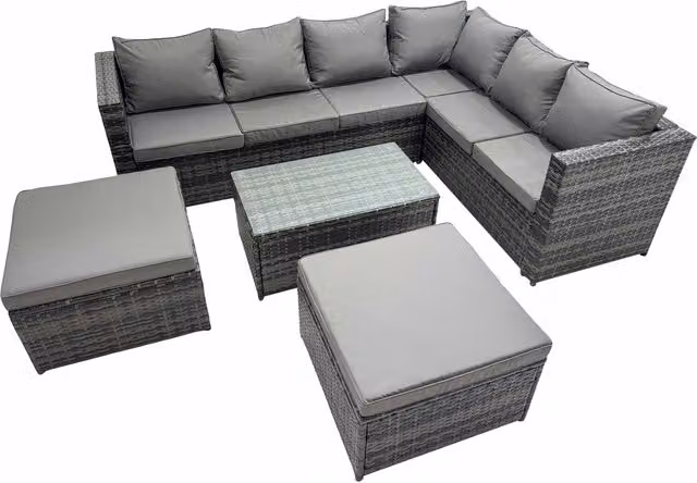 Fimous 8-Seater L-Shaped Rattan Outdoor Sofa Set in Grey with Ottoman and Coffee Table