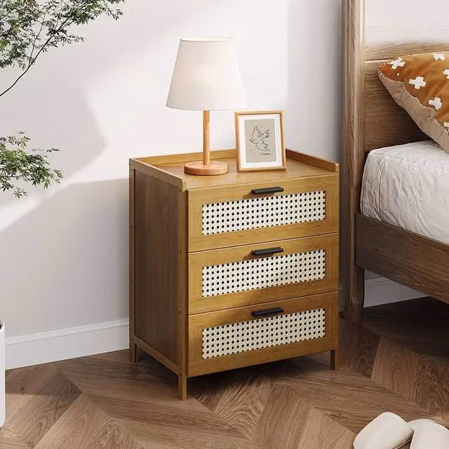 EONLION Brown Wooden Bedroom Bedside Cabinet with 3 Drawers and Rattan Door – 1