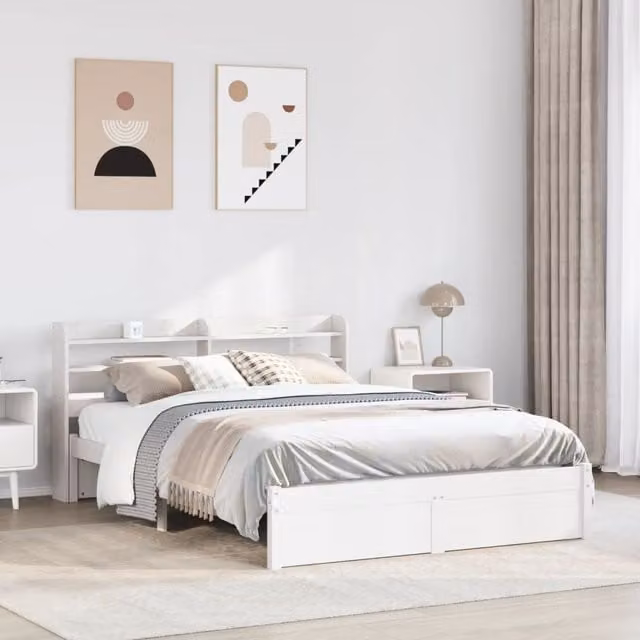 Berkfield Home White Rustic Pine Bed Frame with Headboard and Side Compartments W/D/H: 140 x 190 cm