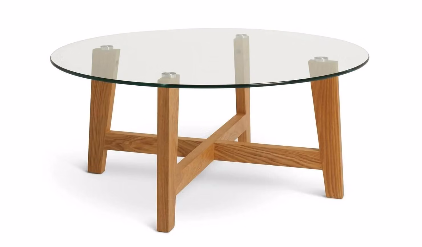 Cheap Furniture Warehouse Round Glass and Oak Coffee Table with Transparent Top and Brown Lacquered Wood Frame, Diameter: 80 cm, Height: 34 cm
