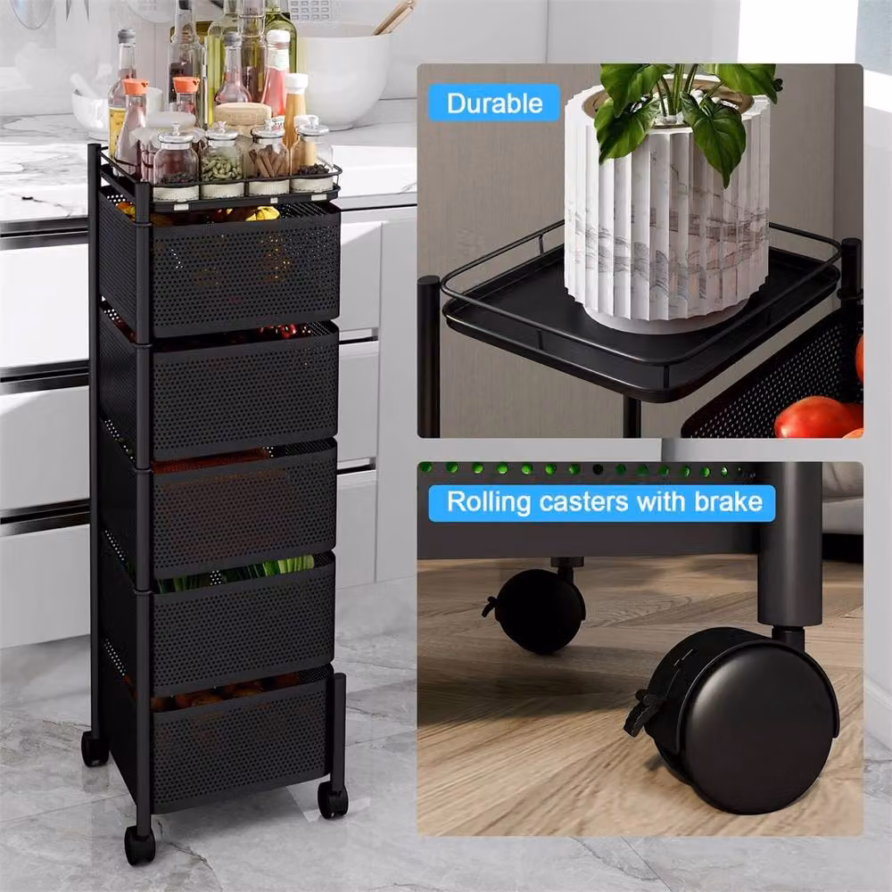SPETLEK 5 Tier Square Storage Trolley Basket Rack with Wheels in Black – 5
