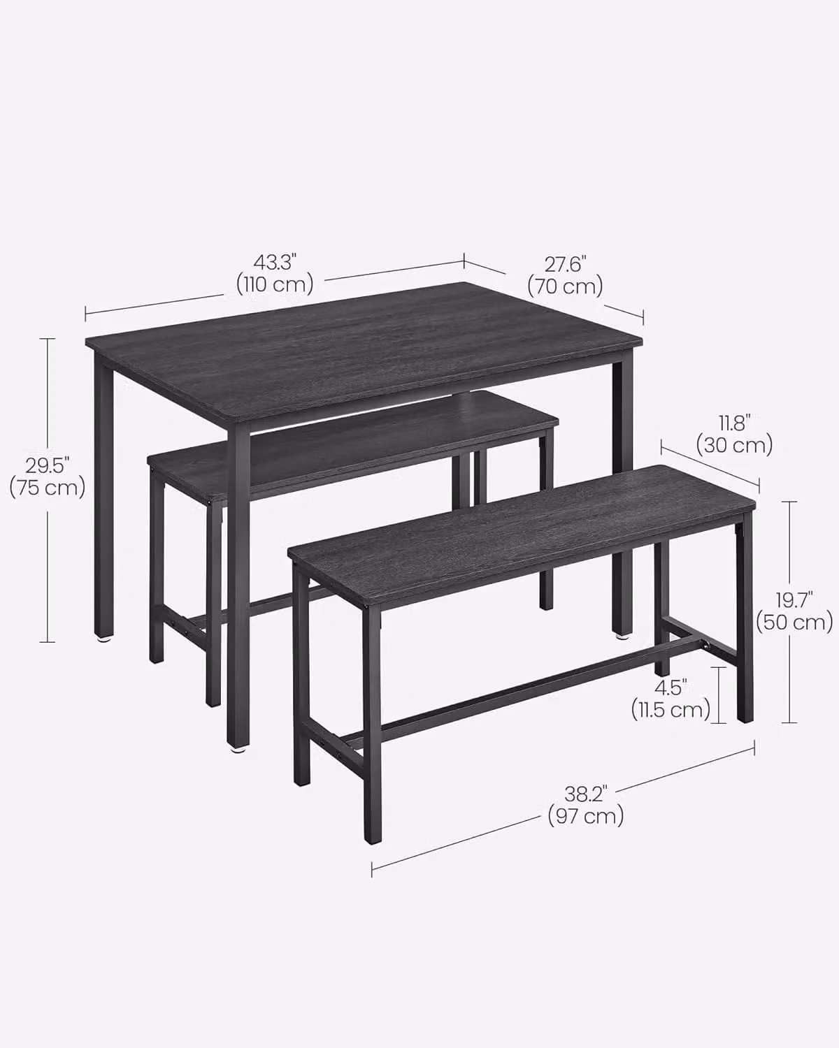 VASAGLE 3 Piece Industrial Style Dining Table and Benches Set in Black – 3
