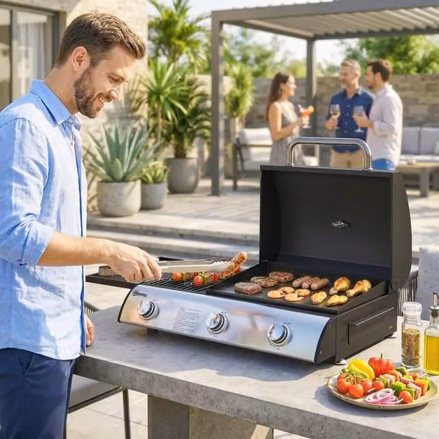 Outsunny 7.5 kW Portable Gas Plancha BBQ Grill with 3 Burners and Thermometer, Black