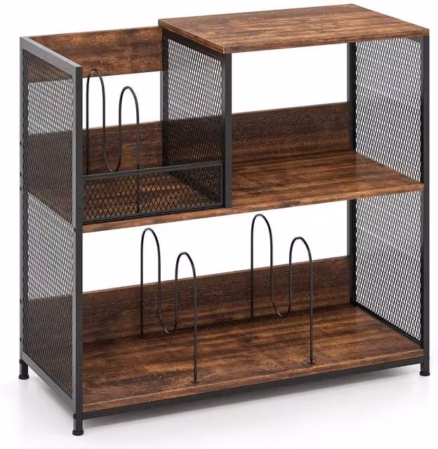 Kelvenix Brown Modern End Table with Rotating Turntable Vinyl Display Rack