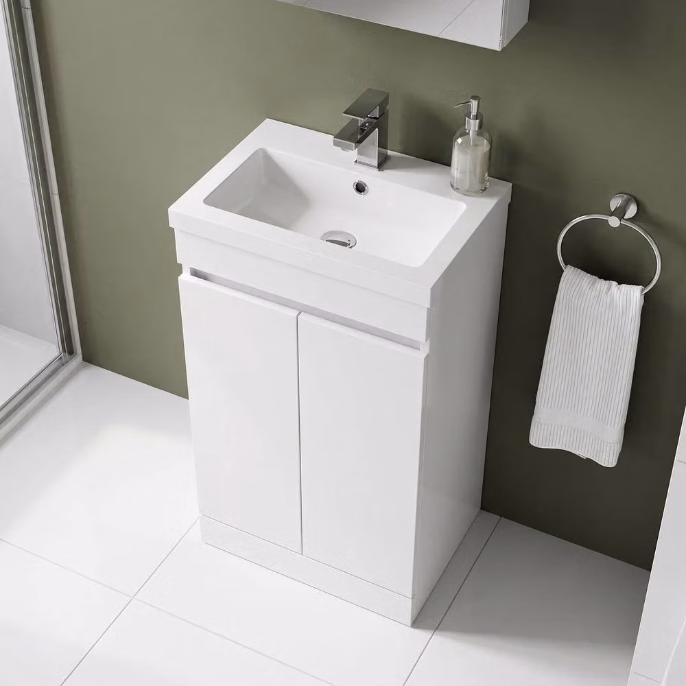 Balterley White Floor Standing 2 Door Compact Bathroom Vanity Unit with Polymarble Basin, W: 50 cm, D: 35.3 cm, H: 80 cm – 3