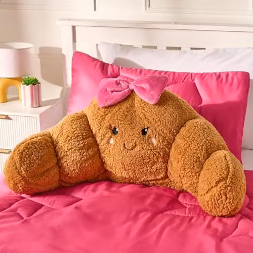 OHS Bow Croissant Cuddle Cushion in Brown and Pink, Soft Teddy Fleece Reading Pillow with Back and Neck Support, W/D/H: 45 x 40 x 30 cm