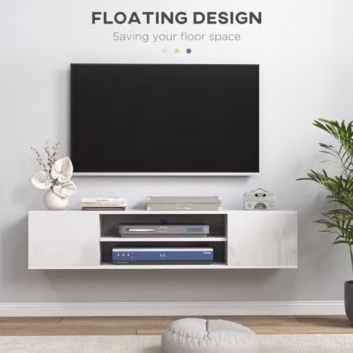HOMCOM Modern Glossy White Floating TV Stand Cabinet with Open Shelf and Storage Cupboards, W/D/H: 140 x 30 x 30 cm – 3