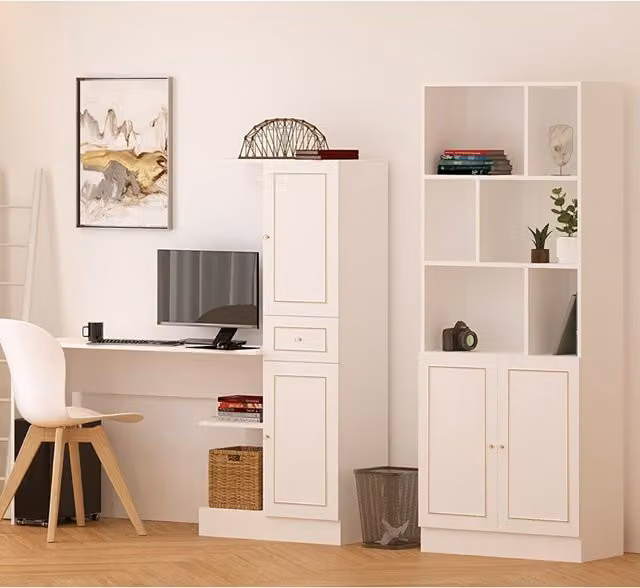 EVUHOME MARIE Modern Home Office Set in White and Gold with Desk, Cabinet and Shelf