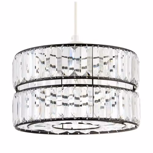 Happy Homewares Modern Double Tier Easy Fit Pendant Shade with Clear Acrylic Prisms in Black Metal, W: 15 cm, H: 25 cm – 1