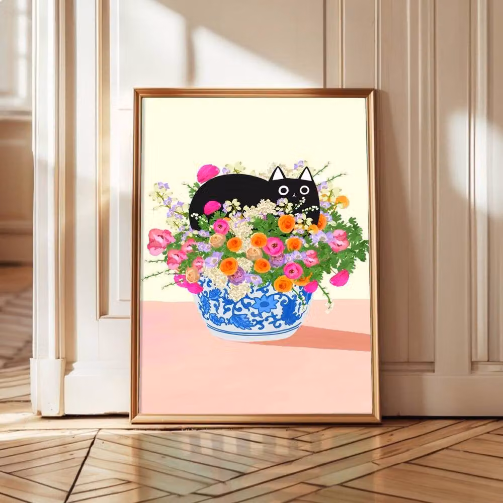 The Paper Tail Flower Bed Black Cat Floral Art Print, Multicolour, A3 – 2