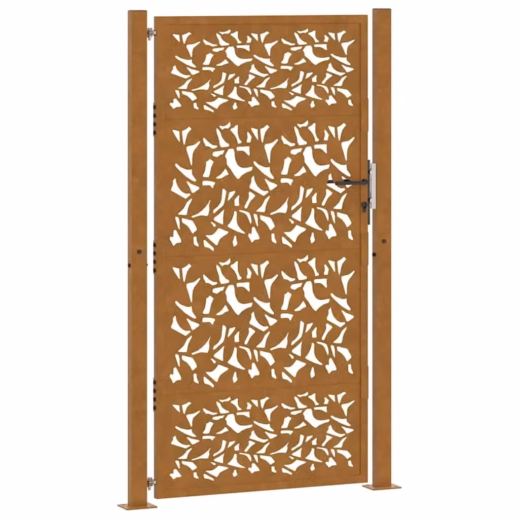 Berkfield Home Garden Gate in Brown Weathering Steel with Leaf Design, W: 105 cm, H: 180 cm – 2