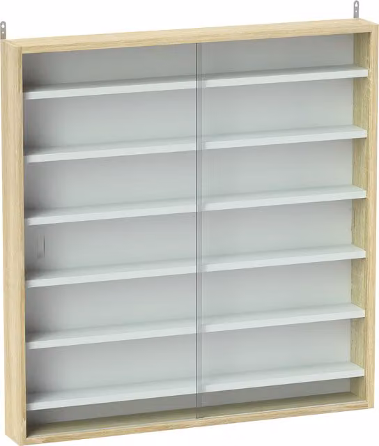 HOMCOM 7-Tier Wall Mounted Display Shelf Unit with 6 Adjustable Shelves and Glass Doors, Brown Oak, W: 80 cm, H: 83 cm, D: 80 cm