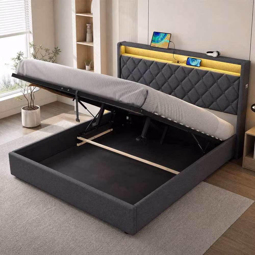 STILVORA Grey Upholstered 4ft6 Double Ottoman Bed with LED Lighting and USB Charging Station, W/D/H: 140 x 200 cm – 5
