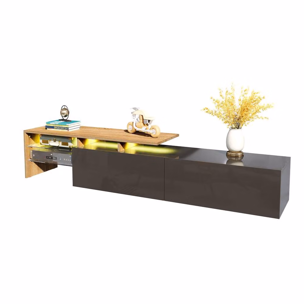 BTM Modern TV Stand with Integrated LED Lighting, Glass Shelves and MDF in Sand/Brown, W/D/H: 82.0 x 33.0 x 33.5 cm – 4