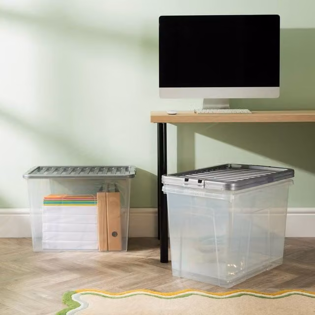 Wham Crystal 80L Stackable Plastic Storage Boxes with Silver Lids, Pack of 3, Transparent