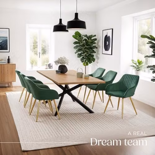 tectake Set of 2 Marilyn Dining Chairs with Velvet Fabric and Gold Metal Legs in Dark Green/Gold – 2