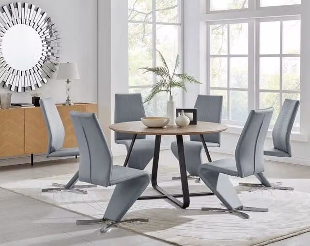 FurnitureboxUK Santorini Round Brown Wood Effect Dining Table and 6 Grey Willow Chairs, W: 120 cm, H: 75 cm – 1