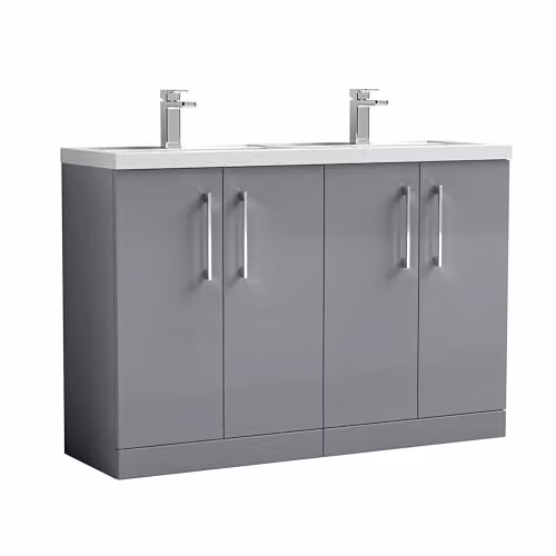 Balterley Grey Floor Standing Twin Basin Vanity Unit with Soft Close 4 Doors and Rectangular Sinks, W/D/H: 120.5 x 38.3 x 84.0 cm