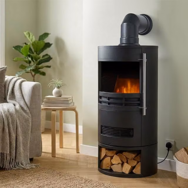 Sureflame Dunston Round Stove with Log Storage and Angled Stove Pipe in Black