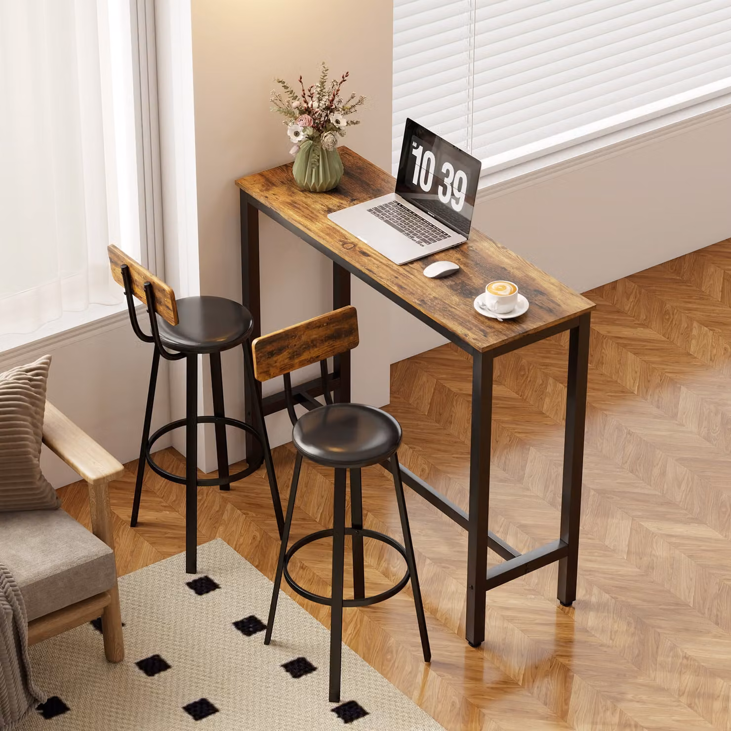 HOMCOM Set of 2 Upholstered Industrial Bar Stools with Backrest and Footrest in Brown and Black – 7