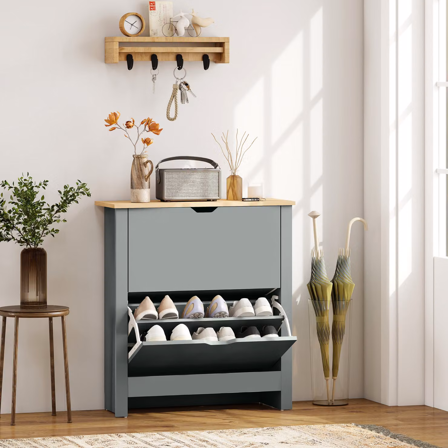 HOMCOM Slim Shoe Cabinet in Light Grey with 2 Tilting Compartments and Adjustable Internal Shelves for 12 Pairs of Shoes – 2