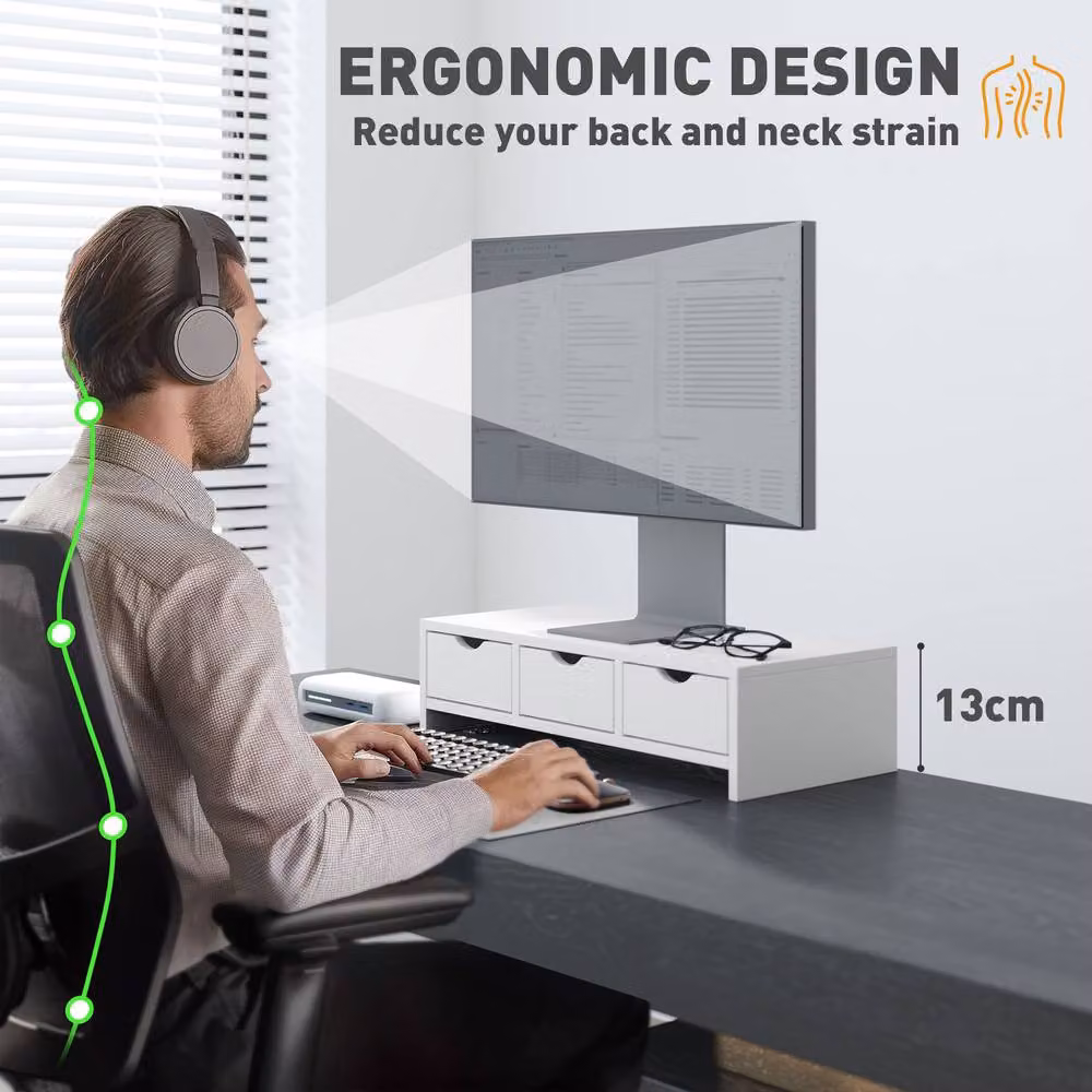 STILVORA Monitor Stand Riser with 3 Drawers, White – 7