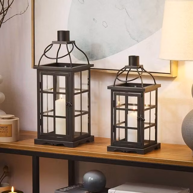 Wyld and Coco Black Iron Lantern Glass Door Pillar Candle Holder – 1