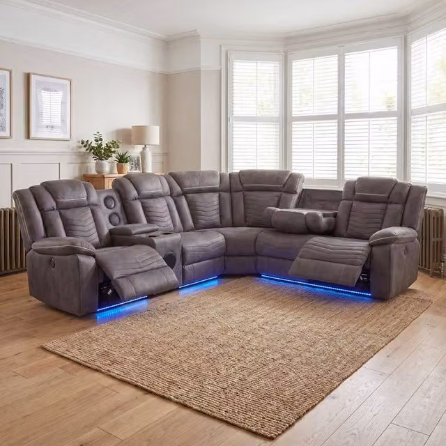 HOME LUXE INTERIOR Rico Dark Grey Fabric Electric Recliner Corner Sofa with LED Lighting, Bluetooth, USB Charging and Cup Holders